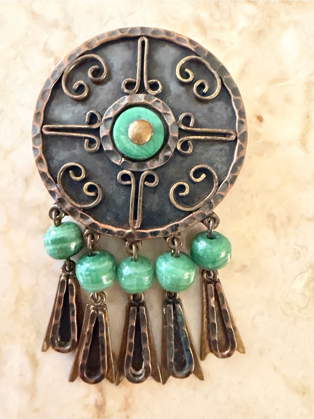 Vintage Handmade Maya Mexican Jade and Bronze Dangle Pendant/Pin